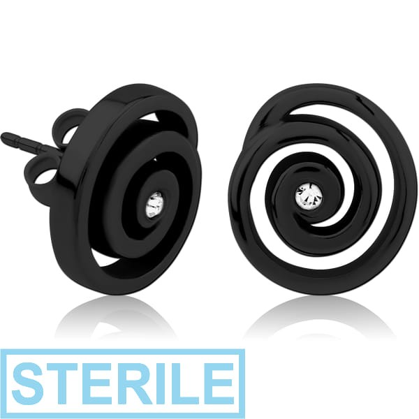 STERILE BLACK PVD COATED SURGICAL STEEL JEWELLED EAR STUDS PAIR - SPIRAL
