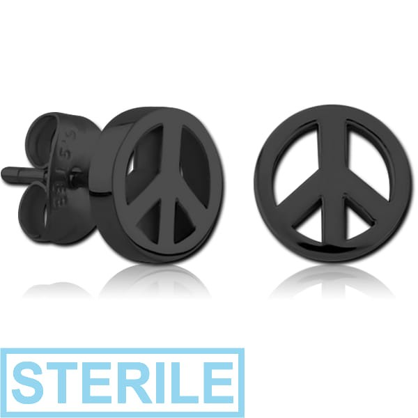 STERILE BLACK PVD COATED SURGICAL STEEL EAR STUDS - PEACE SIGN