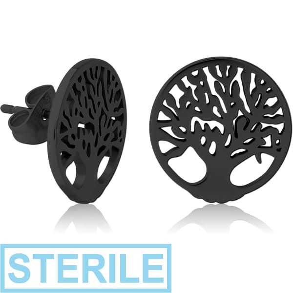 STERILE BLACK PVD COATED SURGICAL STEEL EAR STUDS - TREE