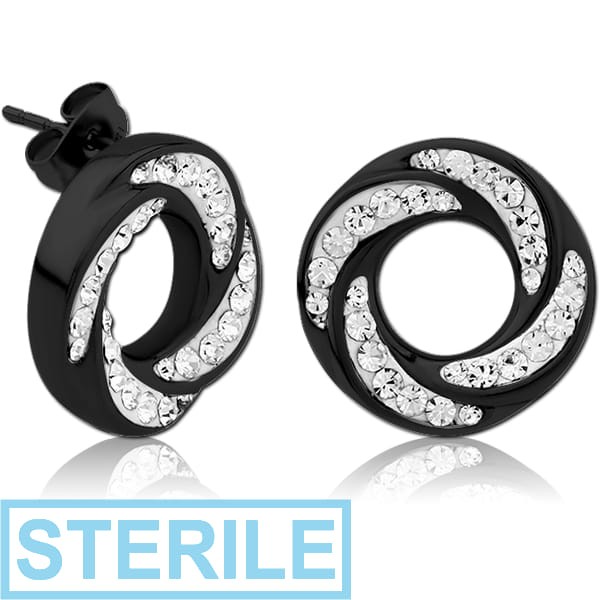 STERILE BLACK PVD COATED SURGICAL STEEL CRYSTALINE JEWELLED EAR STUDS PAIR - SPIRAL