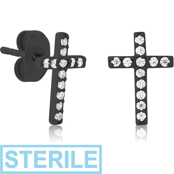 STERILE BLACK PVD COATED SURGICAL STEEL JEWELLED EAR STUDS PAIR - CROSS