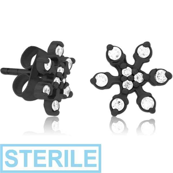 STERILE BLACK PVD COATED SURGICAL STEEL JEWELLED EAR STUDS PAIR - SNOWFLAKE