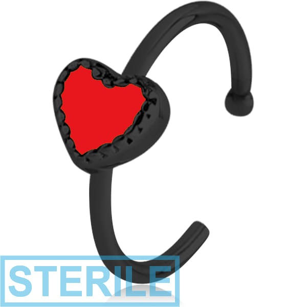 STERILE BLACK PVD COATED SURGICAL STEEL OPEN NOSE RING WITH ENAMEL - HEART