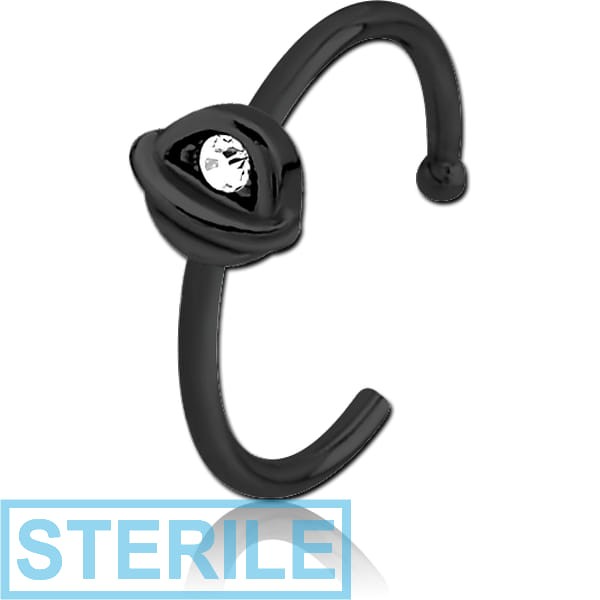STERILE BLACK PVD COATED SURGICAL STEEL JEWELLED OPEN NOSE RING - HALF OPEN EYE