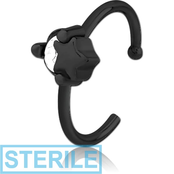 STERILE BLACK PVD COATED SURGICAL STEEL JEWELLED OPEN NOSE RING - STAR AND GEM