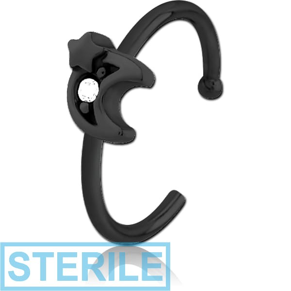 STERILE BLACK PVD COATED SURGICAL STEEL JEWELLED OPEN NOSE RING - CRESCENT AND STAR