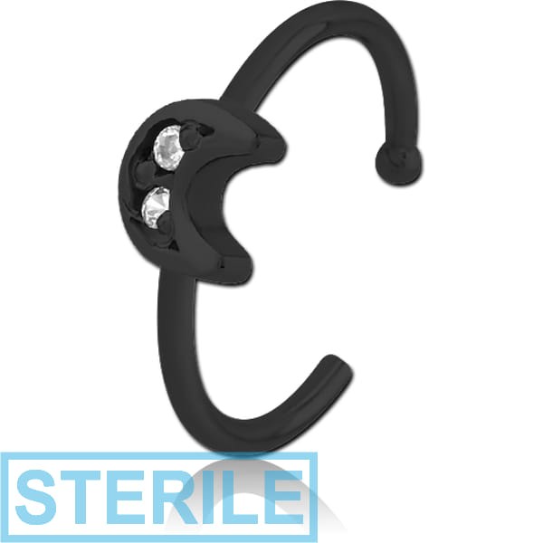 STERILE BLACK PVD COATED SURGICAL STEEL JEWELLED OPEN NOSE RING - CRESCENT PRONGS