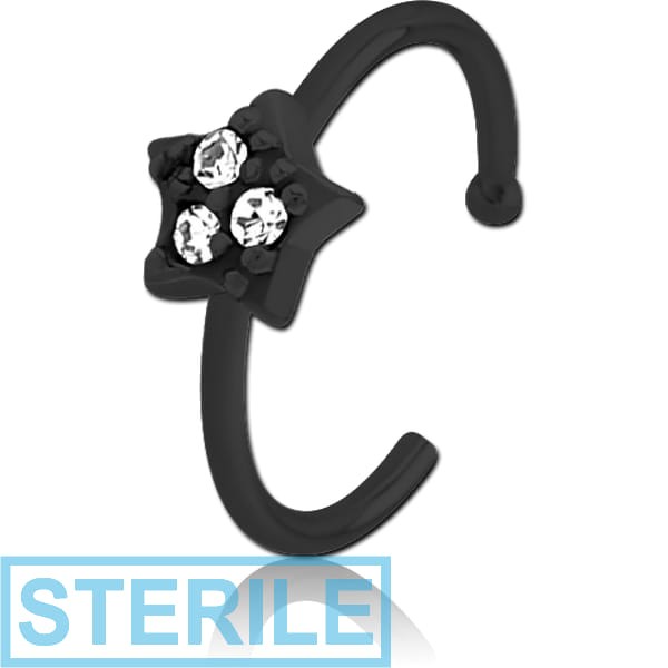 STERILE BLACK PVD COATED SURGICAL STEEL JEWELLED OPEN NOSE RING - STAR PRONGS
