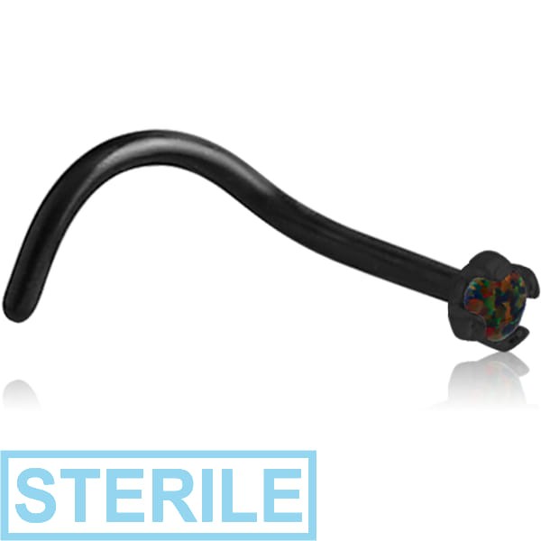 STERILE BLACK PVD COATED SURGICAL STEEL CURVED PRONG SET 1.5MM JEWELLED NOSE STUD WITH SYNTHETIC OPAL