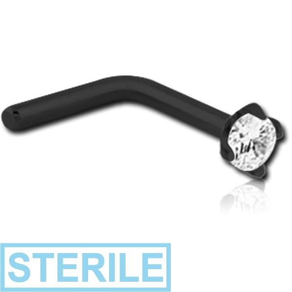 STERILE BLACK PVD COATED SURGICAL STEEL 90 DEGREE PRONG SET 2 MM JEWELLED NOSE STUD