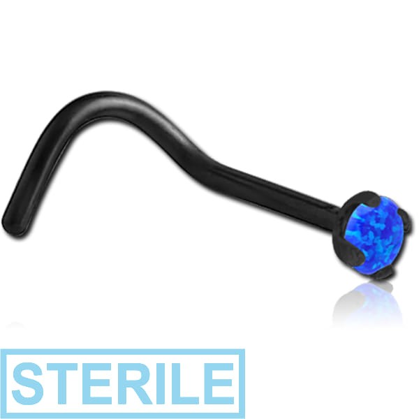 STERILE BLACK PVD COATED SURGICAL STEEL CURVED PRONG SET 2MM JEWELLED NOSE STUD WITH SYNTHETIC OPAL