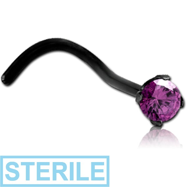STERILE BLACK PVD COATED SURGICAL STEEL CURVED PRONG SET 2.5MM JEWELLED NOSE STUD