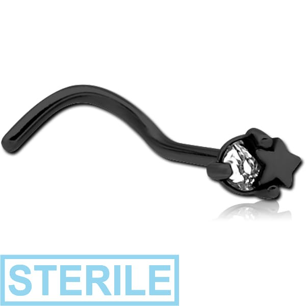 STERILE BLACK PVD COATED SURGICAL STEEL CURVED JEWELLED NOSE STUD