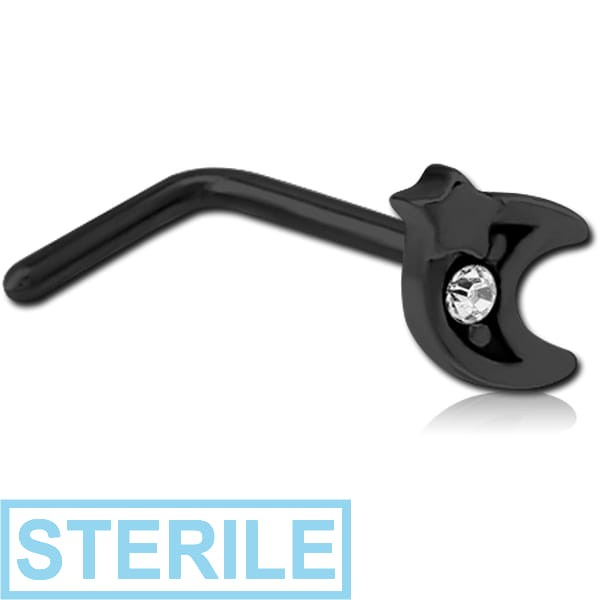 STERILE BLACK PVD COATED SURGICAL STEEL 90 DEGREE JEWELLED NOSE STUD - CRESCENT AND STAR