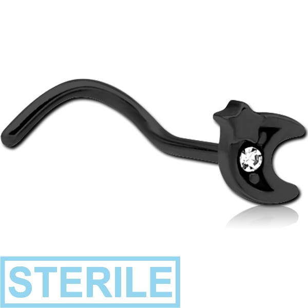 STERILE BLACK PVD COATED SURGICAL STEEL CURVED JEWELLED NOSE STUD - CRESCENT AND STAR