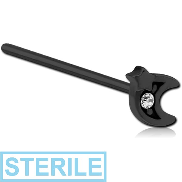 STERILE BLACK PVD COATED SURGICAL STEEL STRAIGHT JEWELLED NOSE STUD - CRESCENT AND STAR