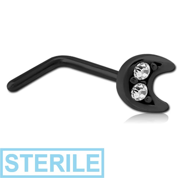 STERILE BLACK PVD COATED SURGICAL STEEL 90 DEGREE JEWELLED NOSE STUD - CRESCENT