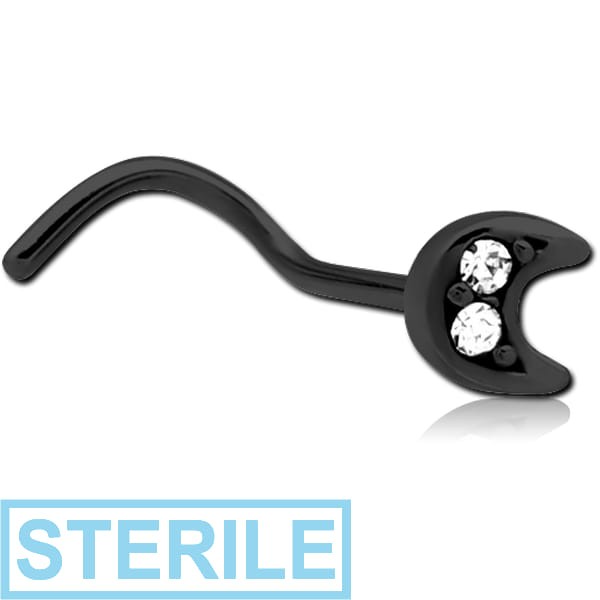 STERILE BLACK PVD COATED SURGICAL STEEL CURVED JEWELLED NOSE STUD - CRESCENT
