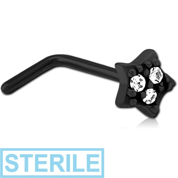 STERILE BLACK PVD COATED SURGICAL STEEL 90 DEGREE JEWELLED NOSE STUD - STAR