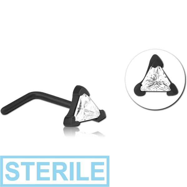 STERILE BLACK PVD COATED SURGICAL STEEL 90 DEGREE JEWELLED NOSE STUD - TRIANGLE