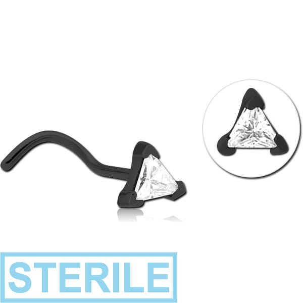 STERILE BLACK PVD COATED SURGICAL STEEL CURVED JEWELLED NOSE STUD - TRIANGLE