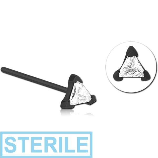 STERILE BLACK PVD COATED SURGICAL STEEL STRAIGHT JEWELLED NOSE STUD - TRIANGLE