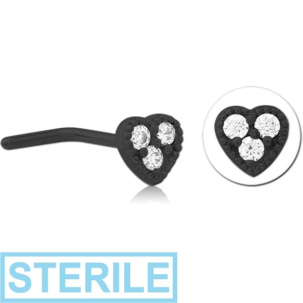 STERILE BLACK PVD COATED SURGICAL STEEL 90 DEGREE JEWELLED NOSE STUD - HEART