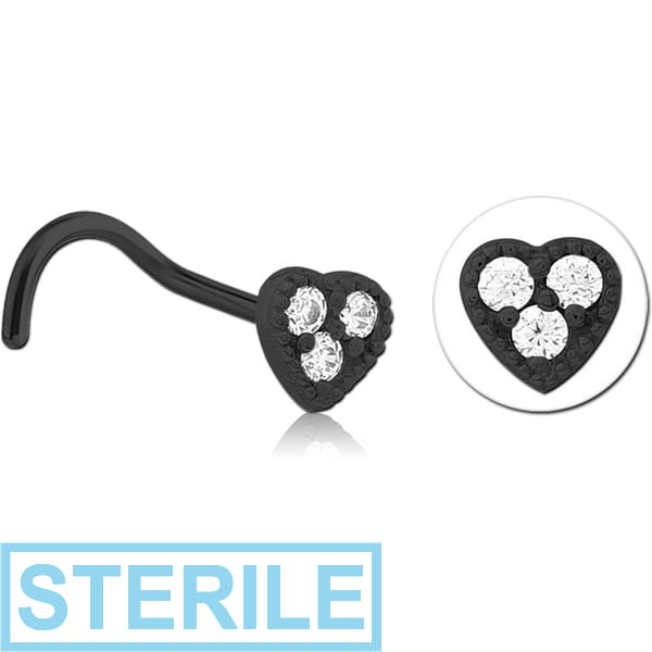 STERILE BLACK PVD COATED SURGICAL STEEL CURVED JEWELLED NOSE STUD - HEART