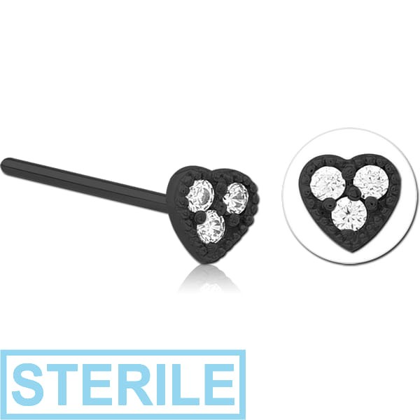 STERILE BLACK PVD COATED SURGICAL STEEL STRAIGHT JEWELLED NOSE STUD - HEART