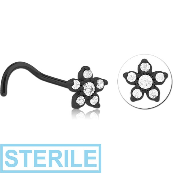 STERILE BLACK PVD COATED SURGICAL STEEL CURVED JEWELLED NOSE STUD - FLOWER