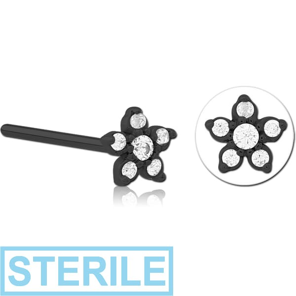 STERILE BLACK PVD COATED SURGICAL STEEL STRAIGHT JEWELLED NOSE STUD - FLOWER
