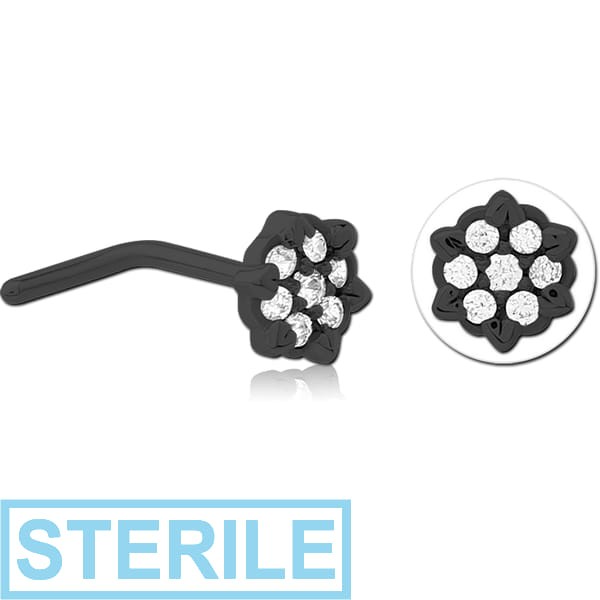 STERILE BLACK PVD COATED SURGICAL STEEL 90 DEGREE JEWELLED NOSE STUD - FLOWER