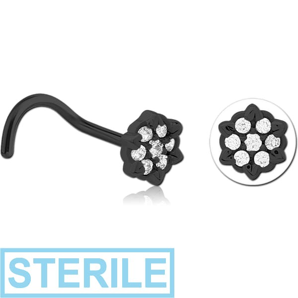 STERILE BLACK PVD COATED SURGICAL STEEL CURVED JEWELLED NOSE STUD - FLOWER