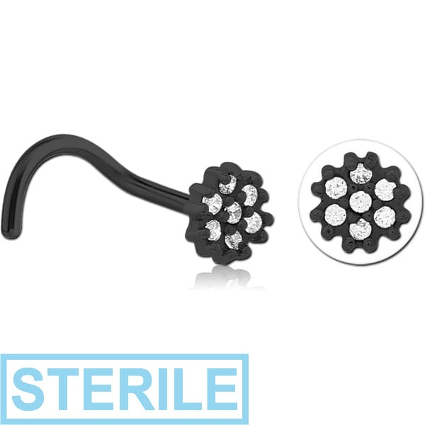 STERILE BLACK PVD COATED SURGICAL STEEL CURVED JEWELLED NOSE STUD - FLOWER