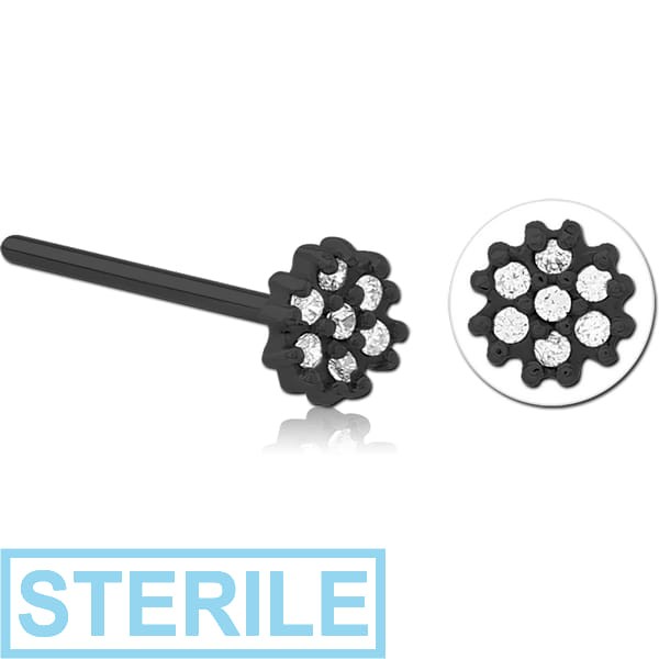 STERILE BLACK PVD COATED SURGICAL STEEL STRAIGHT JEWELLED NOSE STUD - FLOWER