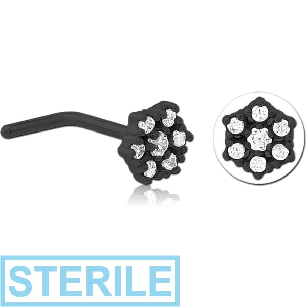 STERILE BLACK PVD COATED SURGICAL STEEL 90 DEGREE JEWELLED NOSE STUD - FLOWER