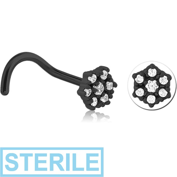 STERILE BLACK PVD COATED SURGICAL STEEL CURVED JEWELLED NOSE STUD - FLOWER