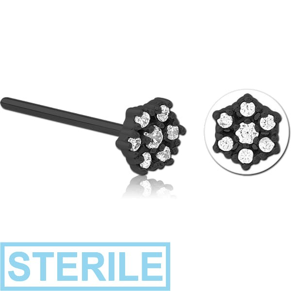 STERILE BLACK PVD COATED SURGICAL STEEL STRAIGHT JEWELLED NOSE STUD - FLOWER