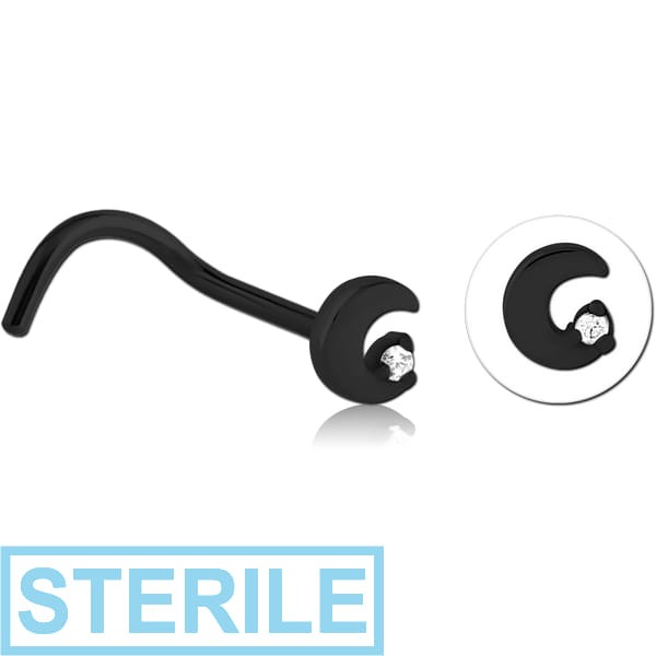 STERILE BLACK PVD COATED SURGICAL STEEL CURVED JEWELLED NOSE STUD