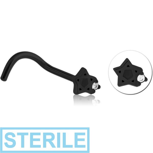 STERILE BLACK PVD COATED SURGICAL STEEL CURVED JEWELLED NOSE STUD