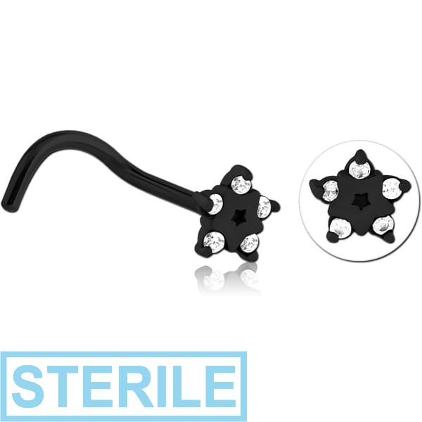 STERILE BLACK PVD COATED SURGICAL STEEL CURVED JEWELLED NOSE STUD