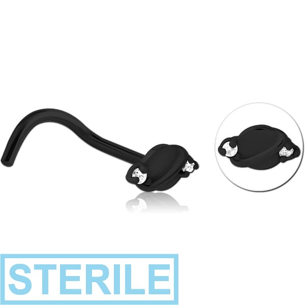 STERILE BLACK PVD COATED SURGICAL STEEL CURVED JEWELLED NOSE STUD