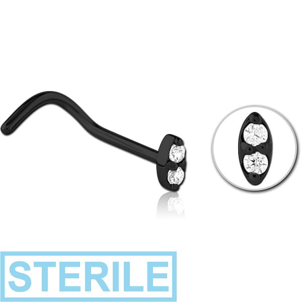 STERILE BLACK PVD COATED SURGICAL STEEL CURVED JEWELLED NOSE STUD