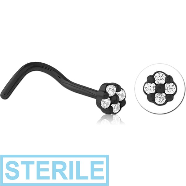 STERILE BLACK PVD COATED SURGICAL STEEL JEWELLED NOSE STUDS