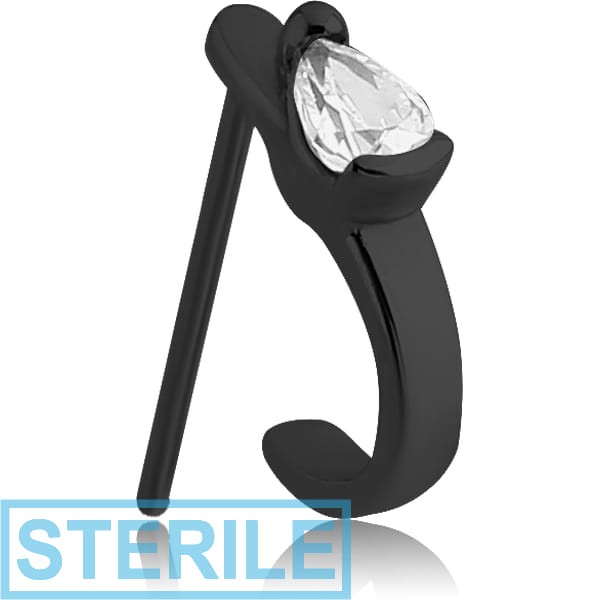 STERILE BLACK PVD COATED SURGICAL STEEL STRAIGHT JEWELLED WRAP AROUND NOSE STUD - HEART