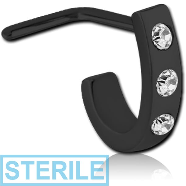 STERILE BLACK PVD COATED SURGICAL STEEL 90 DEGREE JEWELLED WRAP AROUND NOSE STUD - FLAT TRIPLE GEM