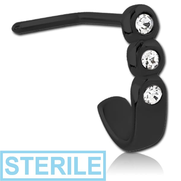 STERILE BLACK PVD COATED SURGICAL STEEL 90 DEGREE JEWELLED WRAP AROUND NOSE STUD - TRIPLE ROUND GEMS