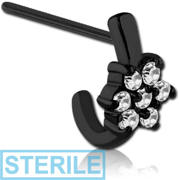 STERILE BLACK PVD COATED SURGICAL STEEL STRAIGHT JEWELLED WRAP AROUND NOSE STUD - 7 GEM FLOWER