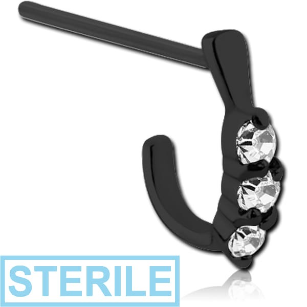 STERILE BLACK PVD COATED SURGICAL STEEL STRAIGHT JEWELLED WRAP AROUND NOSE STUD - THREE GEMS ROUND