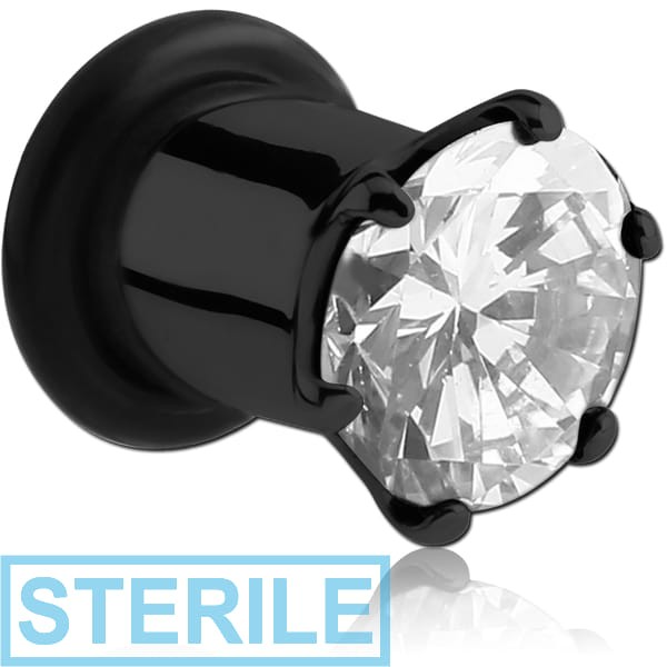 STERILE BLACK PVD COATED SURGICAL STEEL SINGLE FLARED JEWELLED PLUG